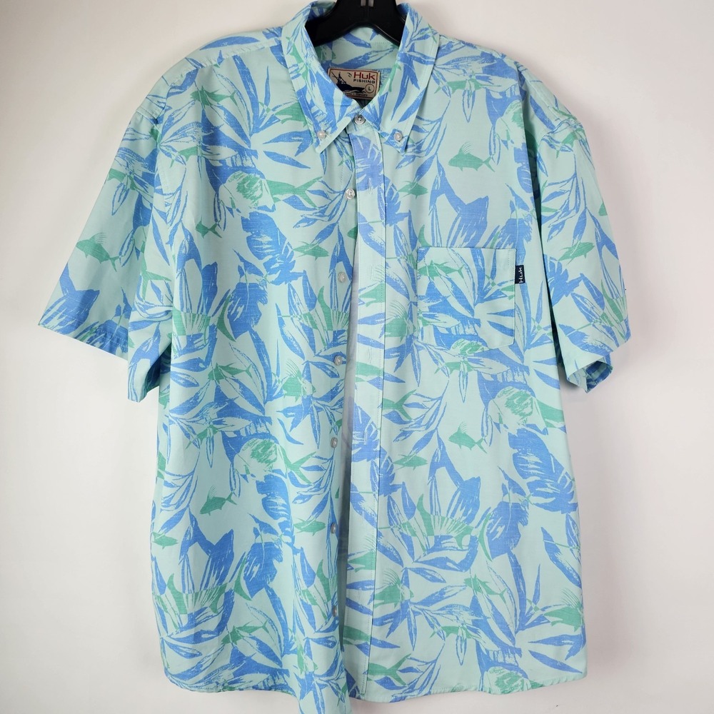 Huk Fishing Shirt Mens Large Green Blue Button Down Floral Fish Ocean Print Logo
